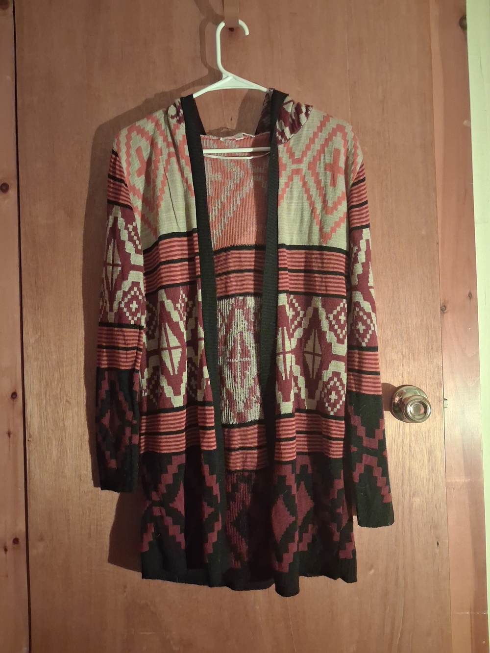 Say What? Open-Front Aztec Cardigan in Burgundy, Cream, Black